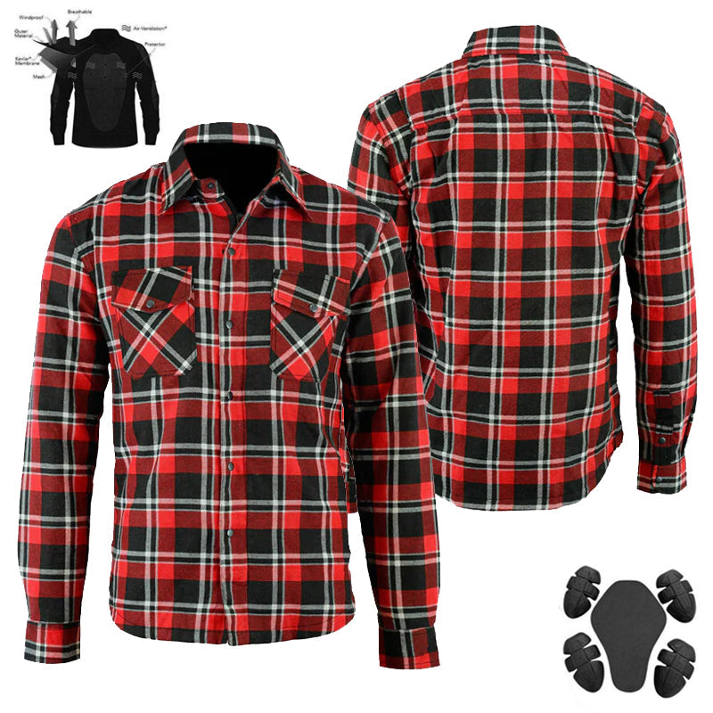 Bikers Gear Australia Exo Schutz-Motorrad-Flanellhemden Rot/Weiß