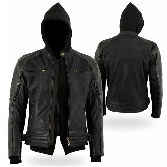 Mens Motorcycycle Leather Jacket Cobar Waxed Nubuck Hooded Style Black