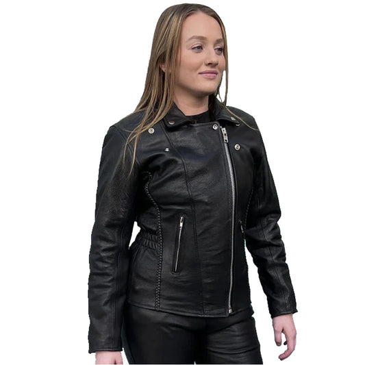 Women Motorcycle Braided Brando Biker Leather Jacket Black