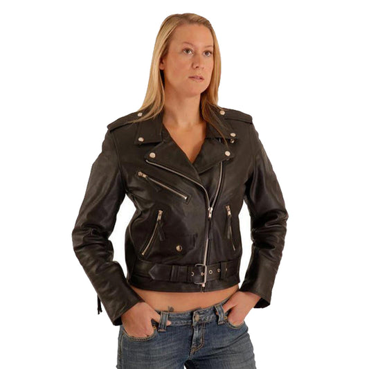 Ladies Motorcycle Brando Belted Biker Leather Jacket Black