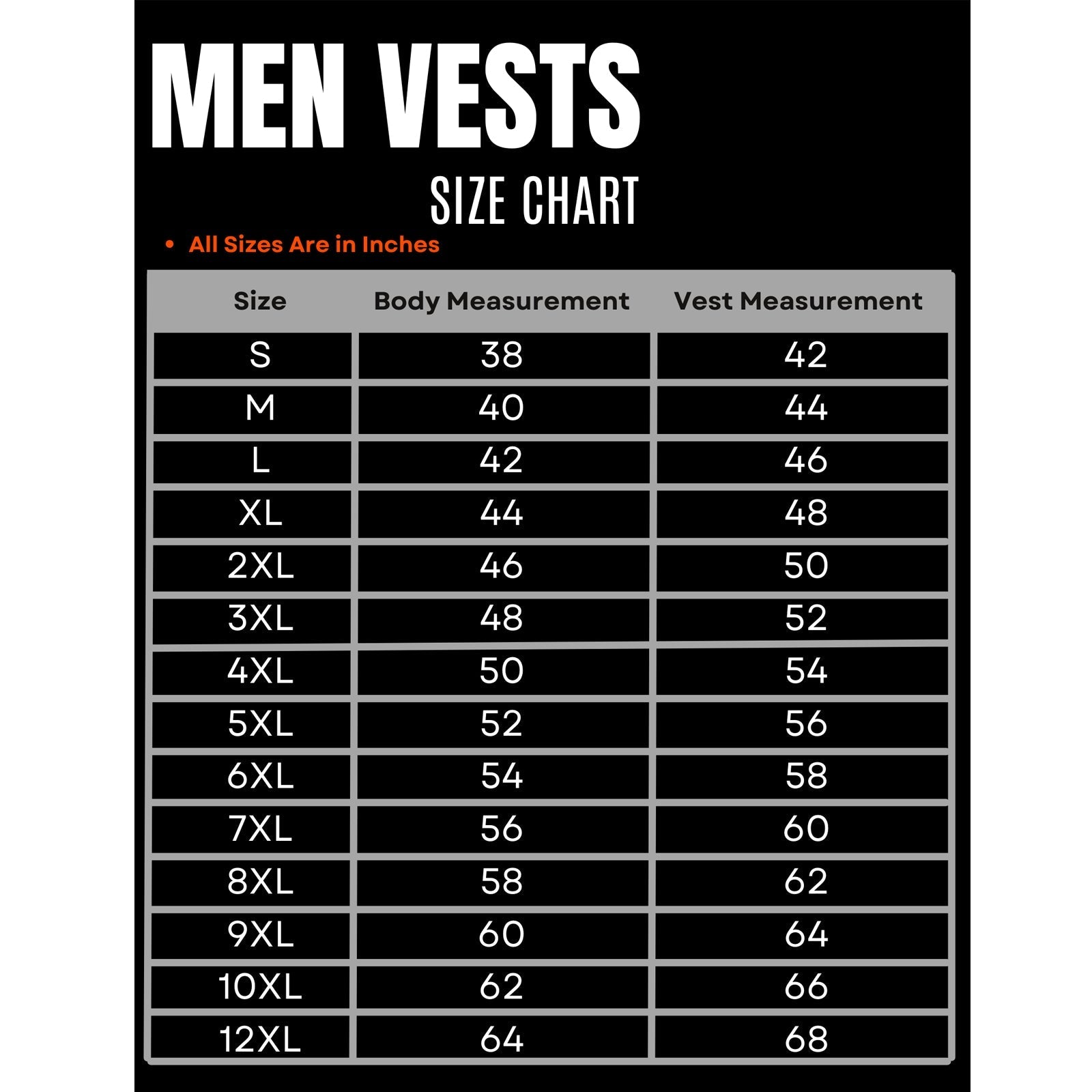BGA 3-4 Mm Heavy Duty Motorcycle Leather Vest Black size chart