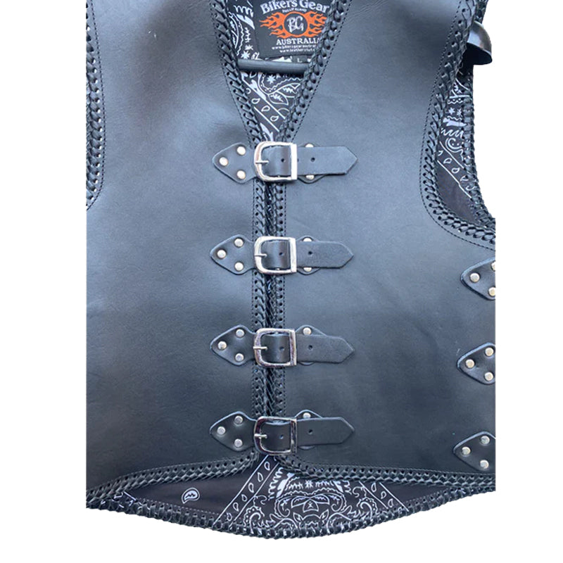 Bikers Gear Australia Atlas 3-4mm HD Braided Leather Motorcycle Buckle Club Vest Black