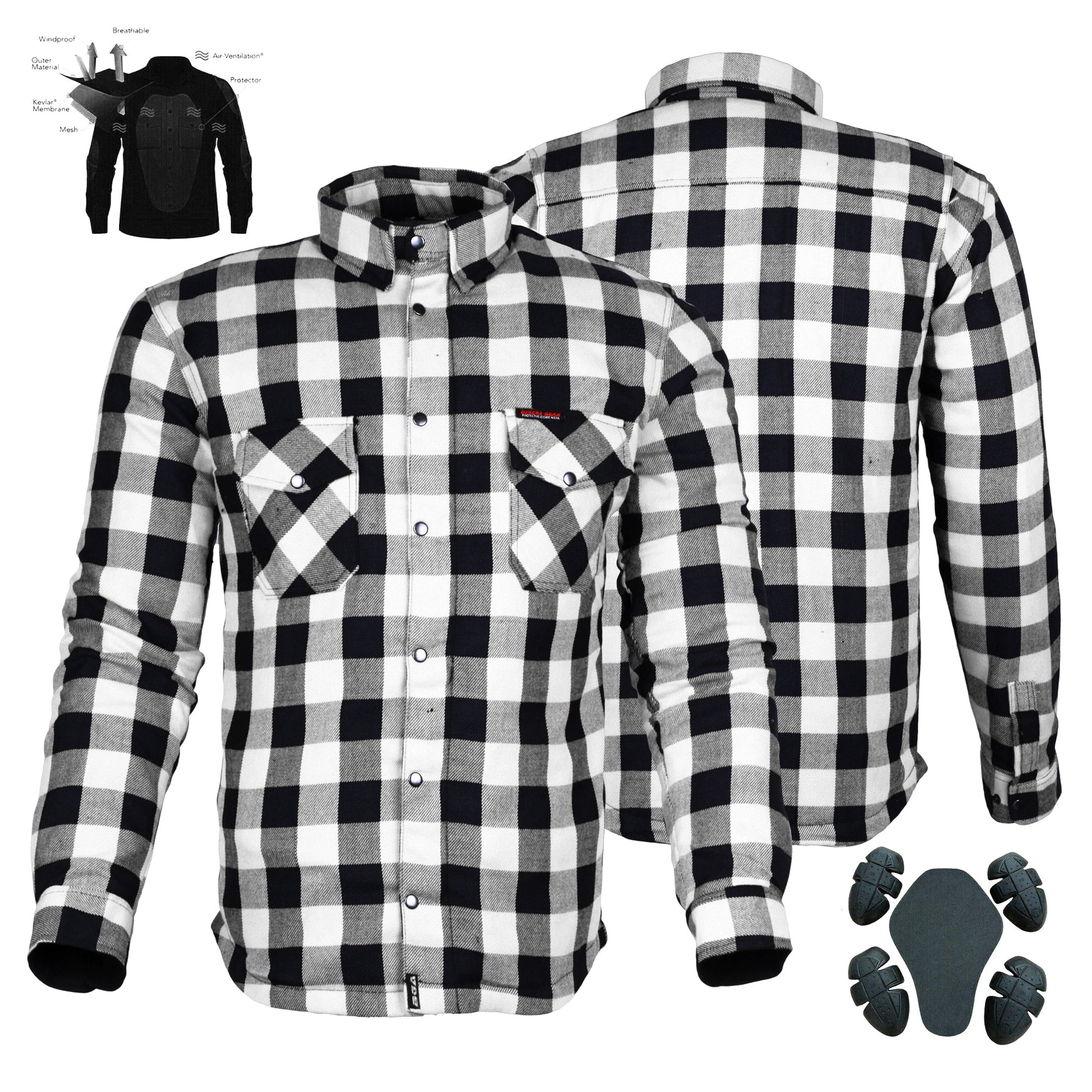 Bikers Gear Australia Exo Protective Motorrad Flanellhemden Weiß/Schwarz