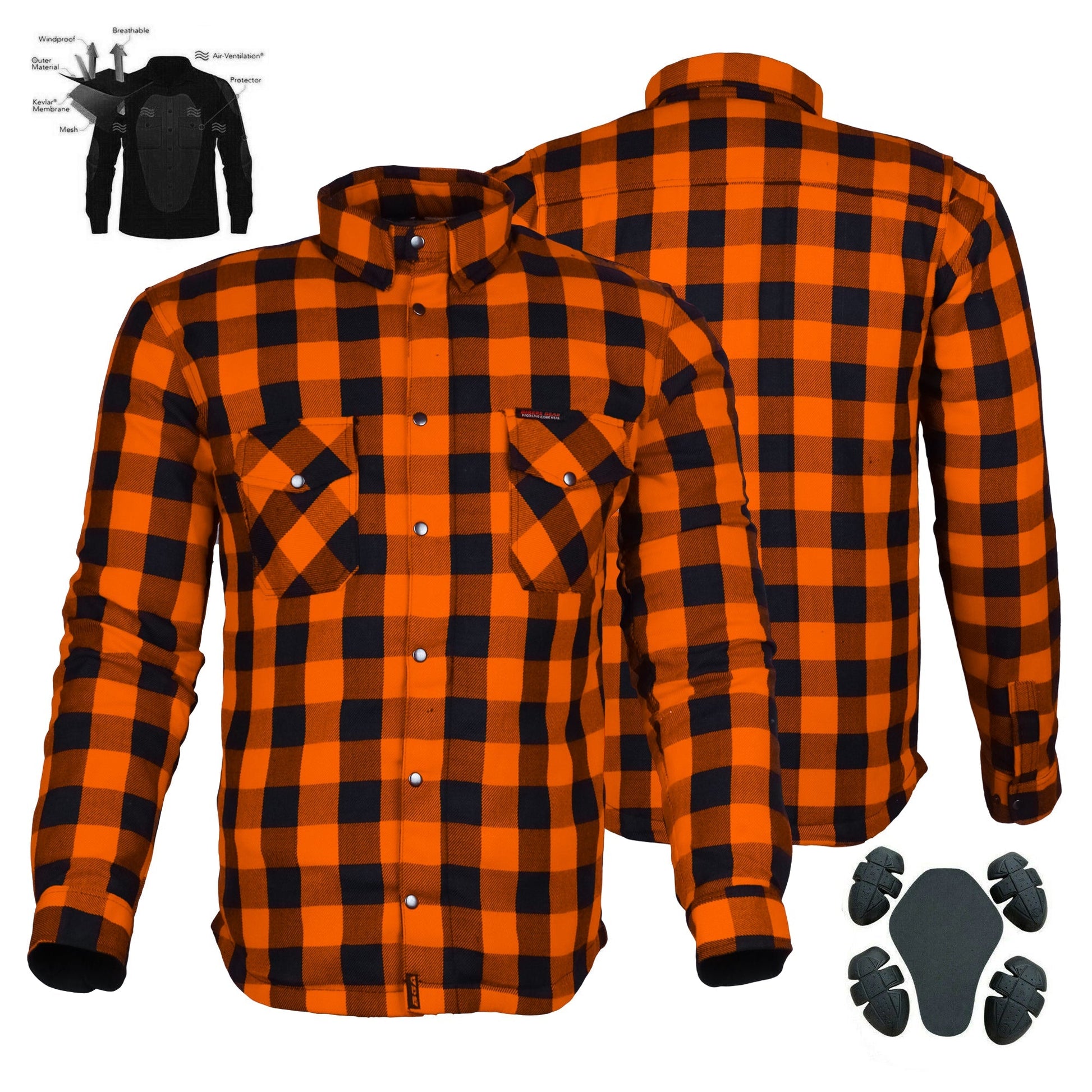 Bikers Gear Australia Exo Protective Motorcycle Flannel Shirts Orange/Black - Premium Men Protective Shirts - Just £68.98! Shop now at Australian Bikers Gear