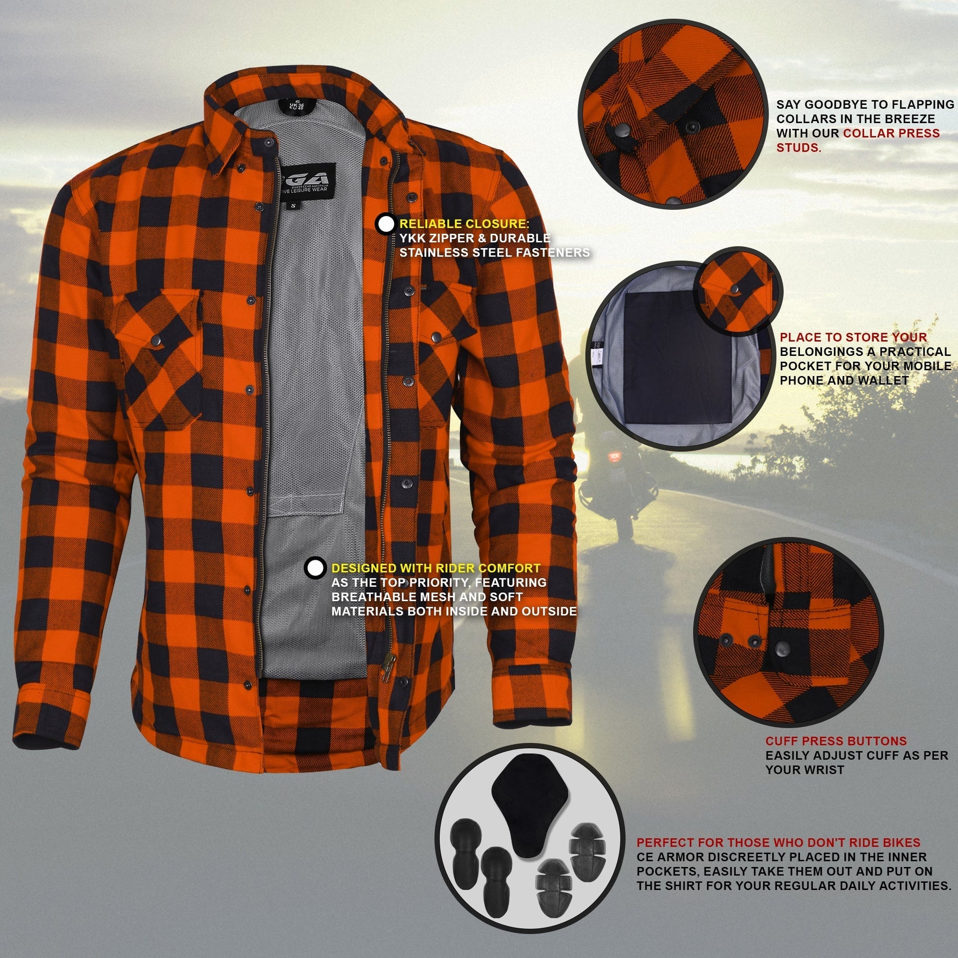 Bikers Gear Australia Exo Protective Motorcycle Flannel Shirts Orange/Black - Premium Men Protective Shirts - Just £68.98! Shop now at Australian Bikers Gear