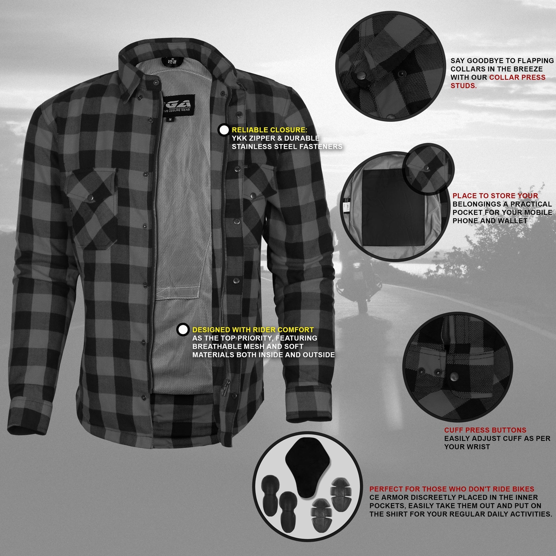 Mens Motorcycle Exo Protective Kevlar Flannel Shirts