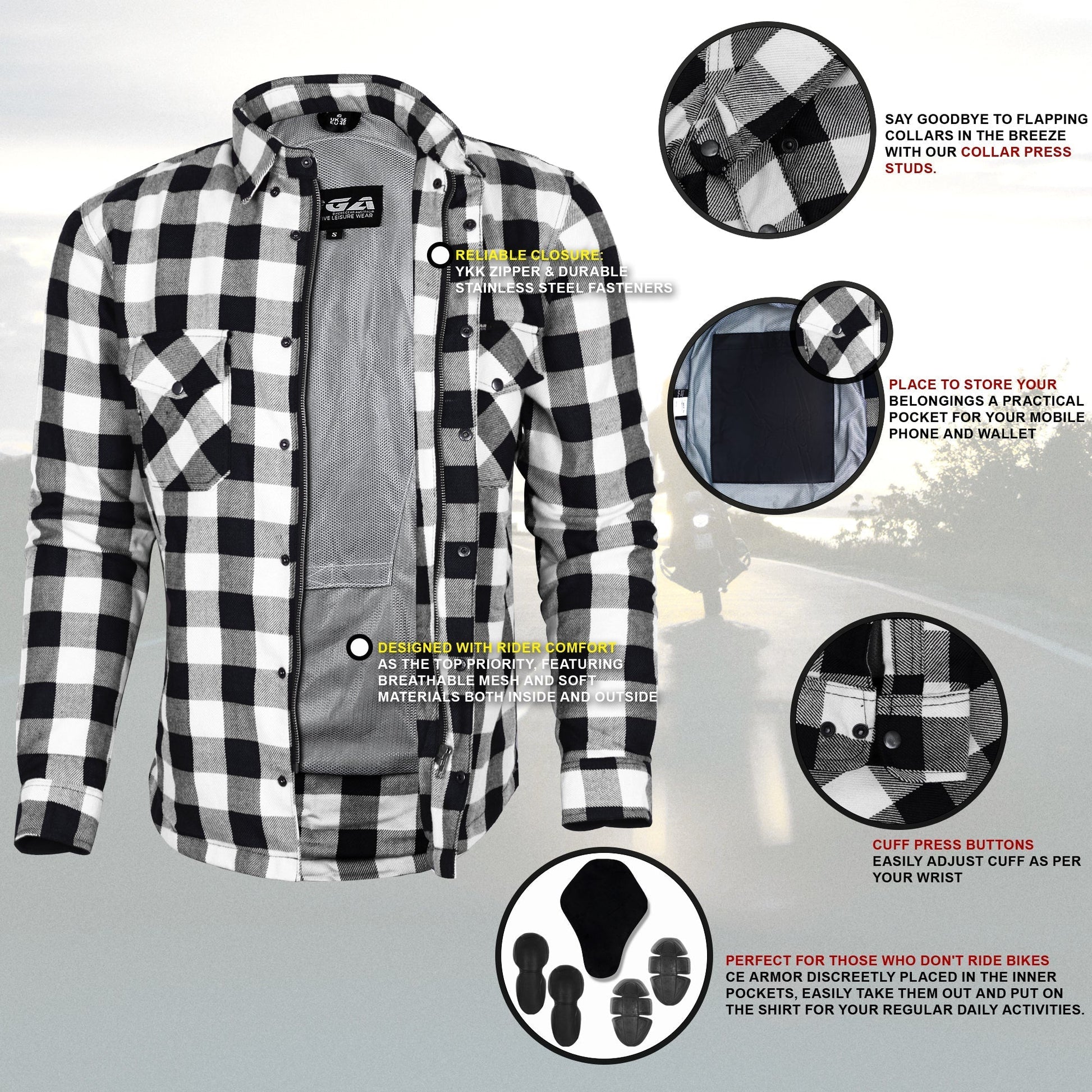 Bikers Gear Australia Exo Protective Motorcycle Flannel Shirts White/Black - Premium Men Protective Shirts - Just £68.98! Shop now at Australian Bikers Gear