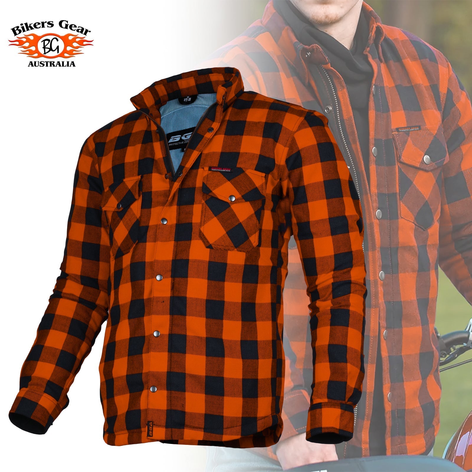 Bikers Gear Australia Exo Protective Motorcycle Flannel Shirts Orange/Black - Premium Men Protective Shirts - Just £68.98! Shop now at Australian Bikers Gear