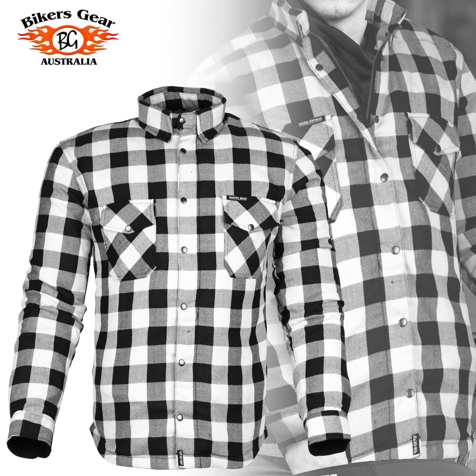 Bikers Gear Australia Exo Protective Motorcycle Flannel Shirts White/Black - Premium Men Protective Shirts - Just £68.98! Shop now at Australian Bikers Gear
