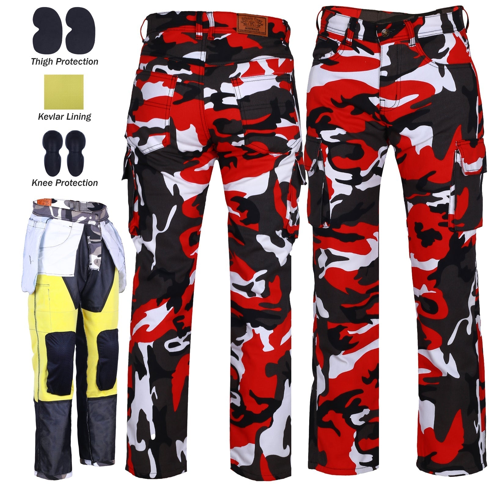 Robin Mens Motorcycle Lined with Kevlar Cargo Pants Red/Camo