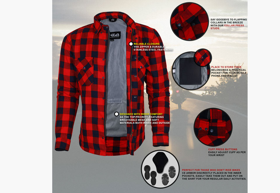 Bikers Gear Australia Exo Protective Motorcycle Flannel Shirts Red/Black - Premium Men Protective Shirts - Just £68.98! Shop now at Australian Bikers Gear