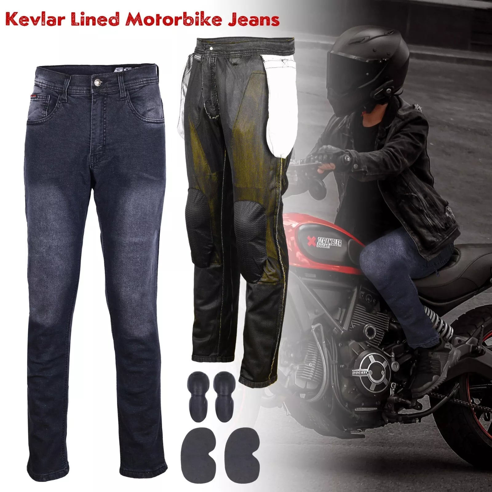 Mens Motorcycle Trousers Stretch Denim Kevlar Lined Jeans